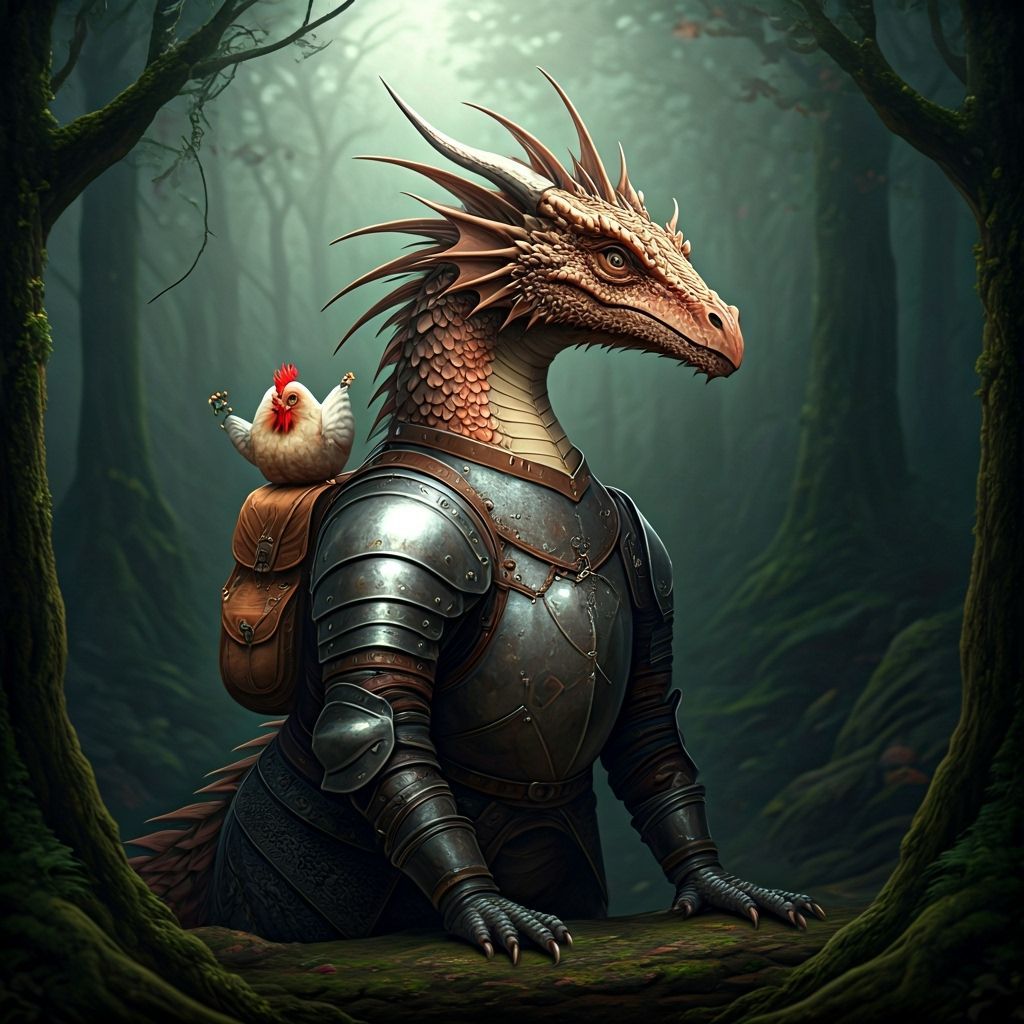 Dragon in Armor and Chicken in Backpack in Misty Forest