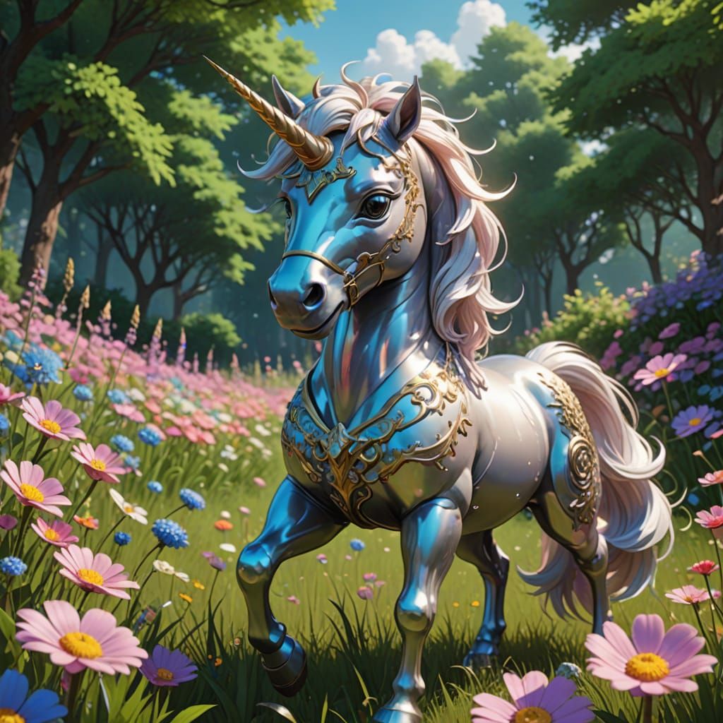 Kawaii Unicorn Prancing Through Colorful Flower Field