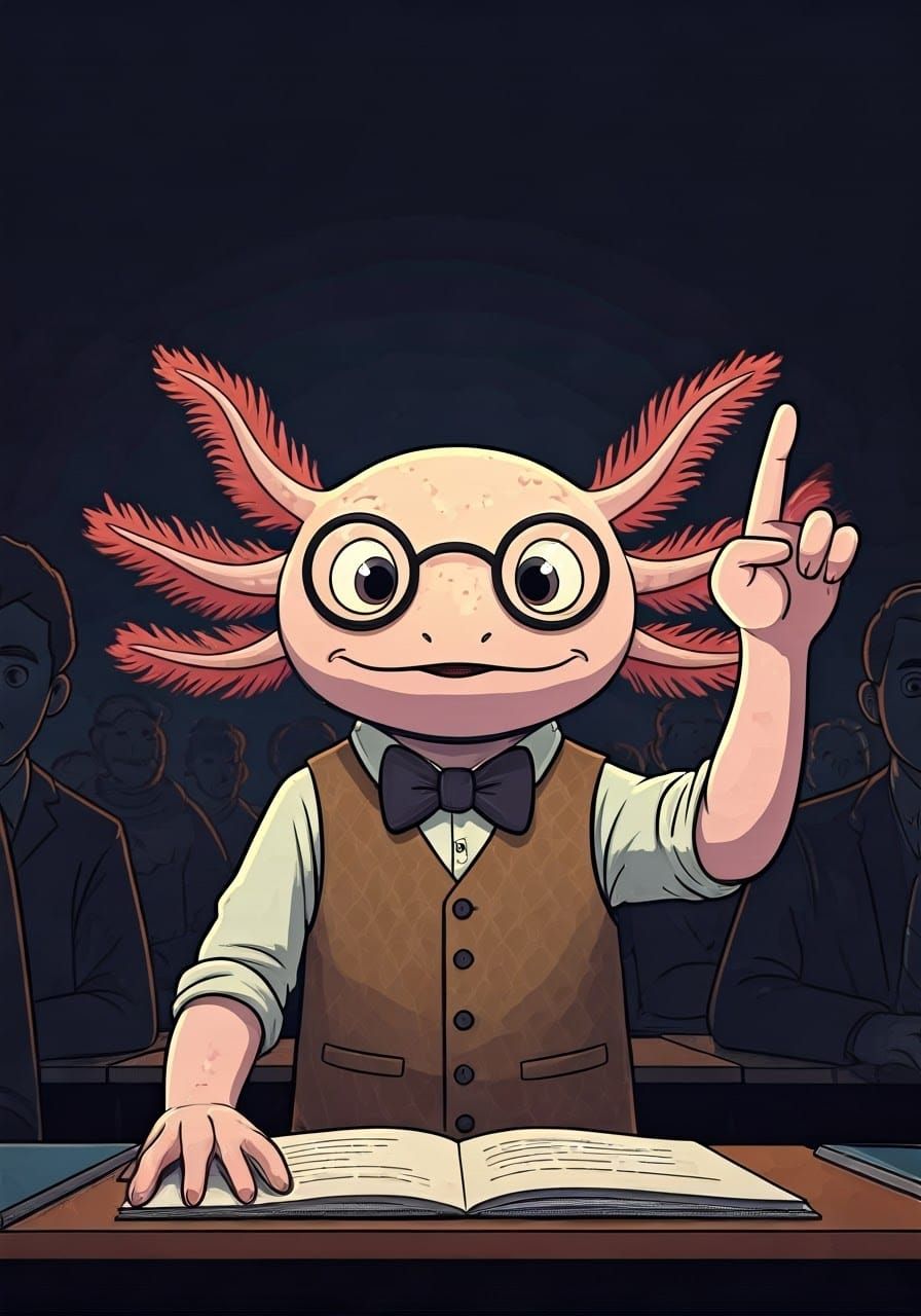 Whimsical Professor Axolotl in a Classroom Scene