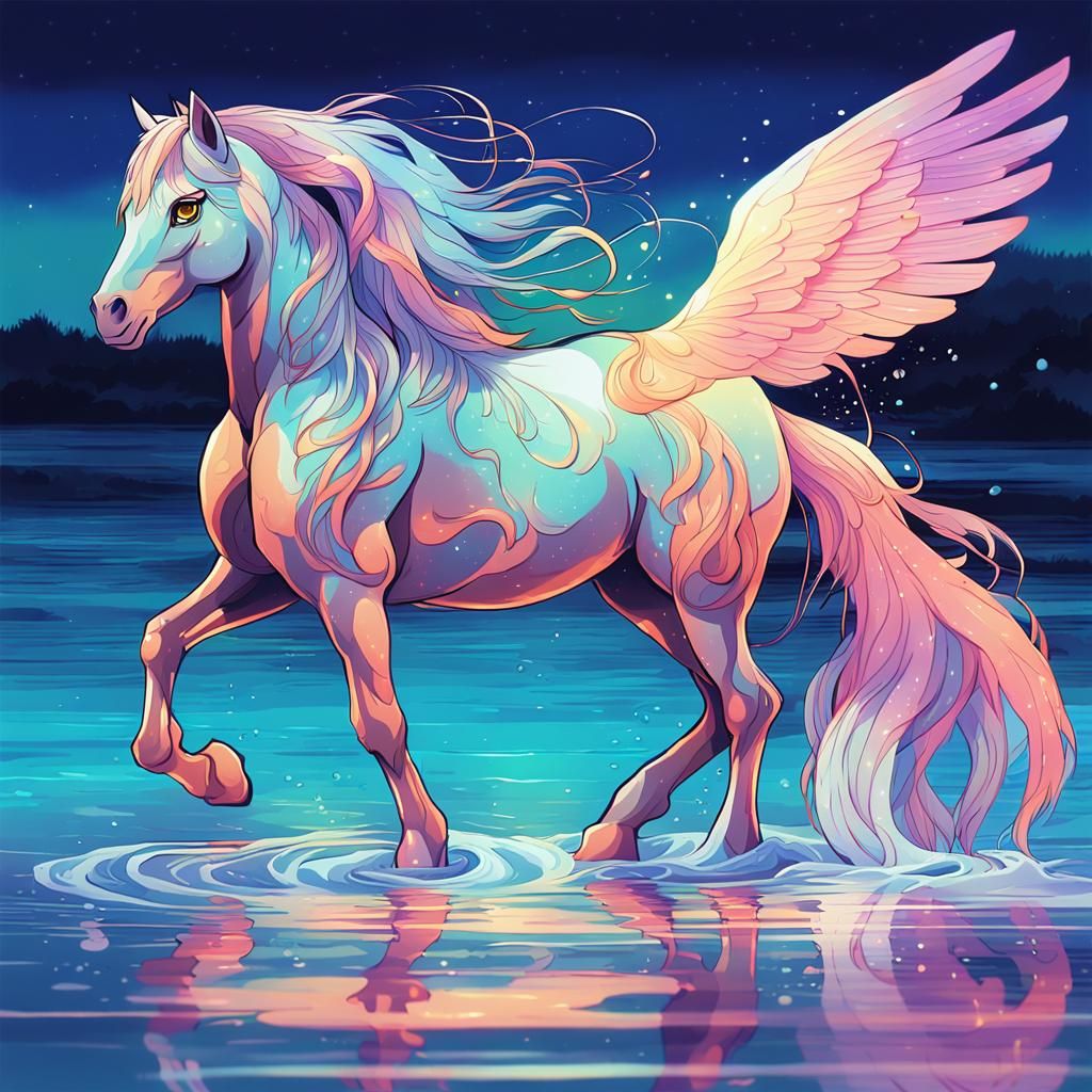 Bright colors: "A small beautiful fantasy horse with wings a...