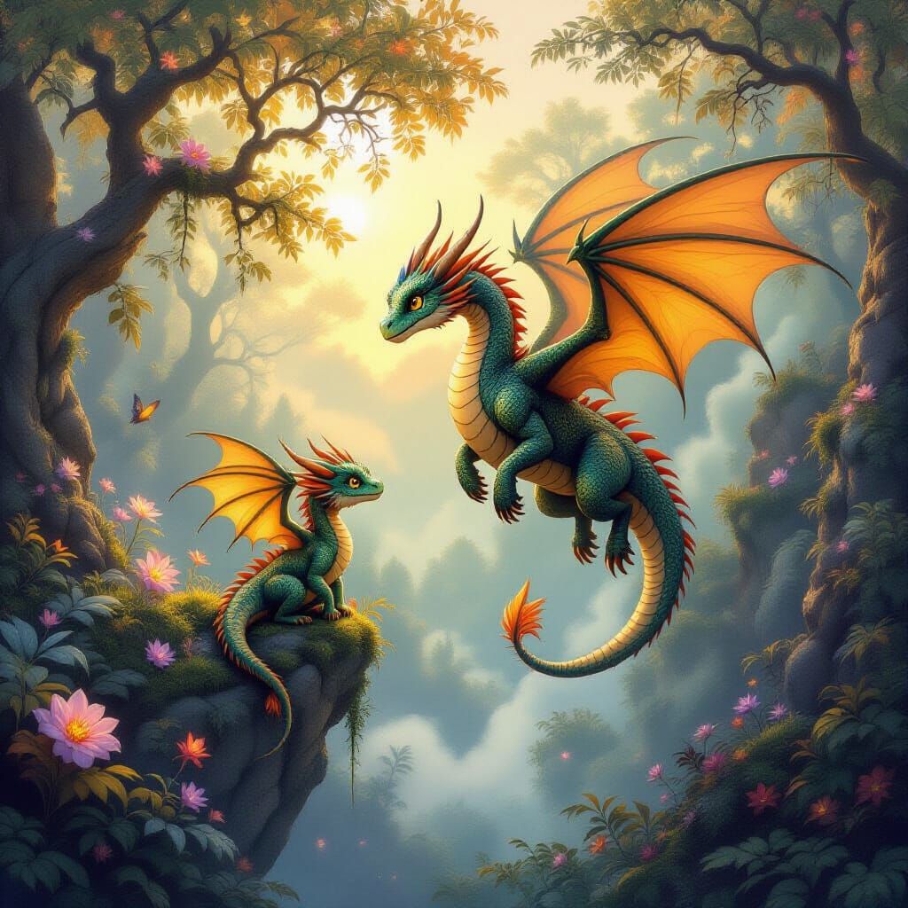 Baby Dragon and Mother in Luminous Fantasy Forest