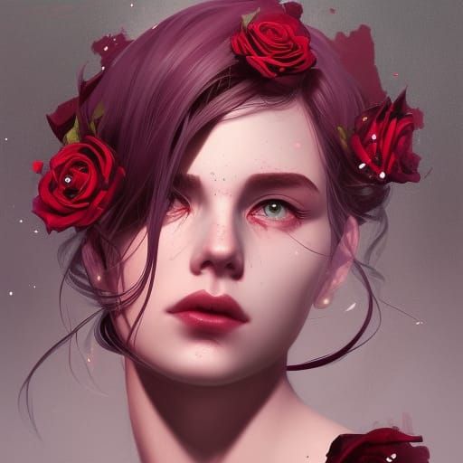 Blood Maroon Rose Crown Portrait in Hyperdetailed Style
