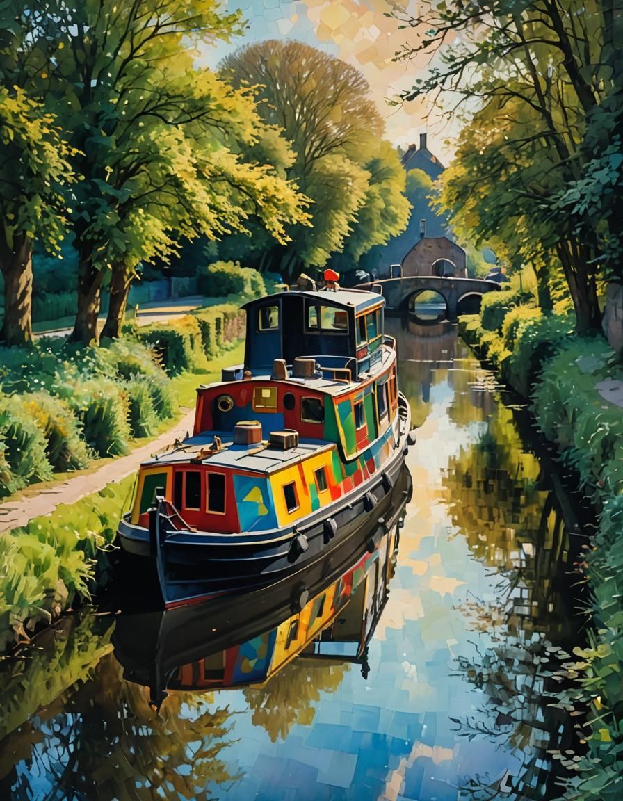 Luminous Watercolor Barge on British Canal as Impasto Painti...