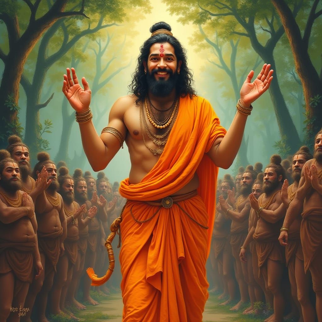 Hanuman Blessing Vanaras in Traditional Indian Style