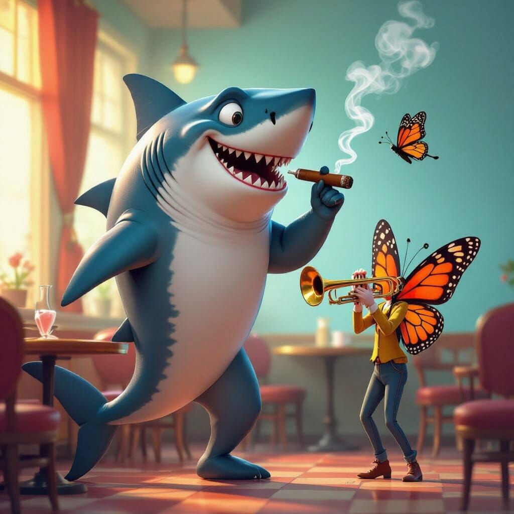 Dancing Shark and Trumpet Butterfly in Cafe