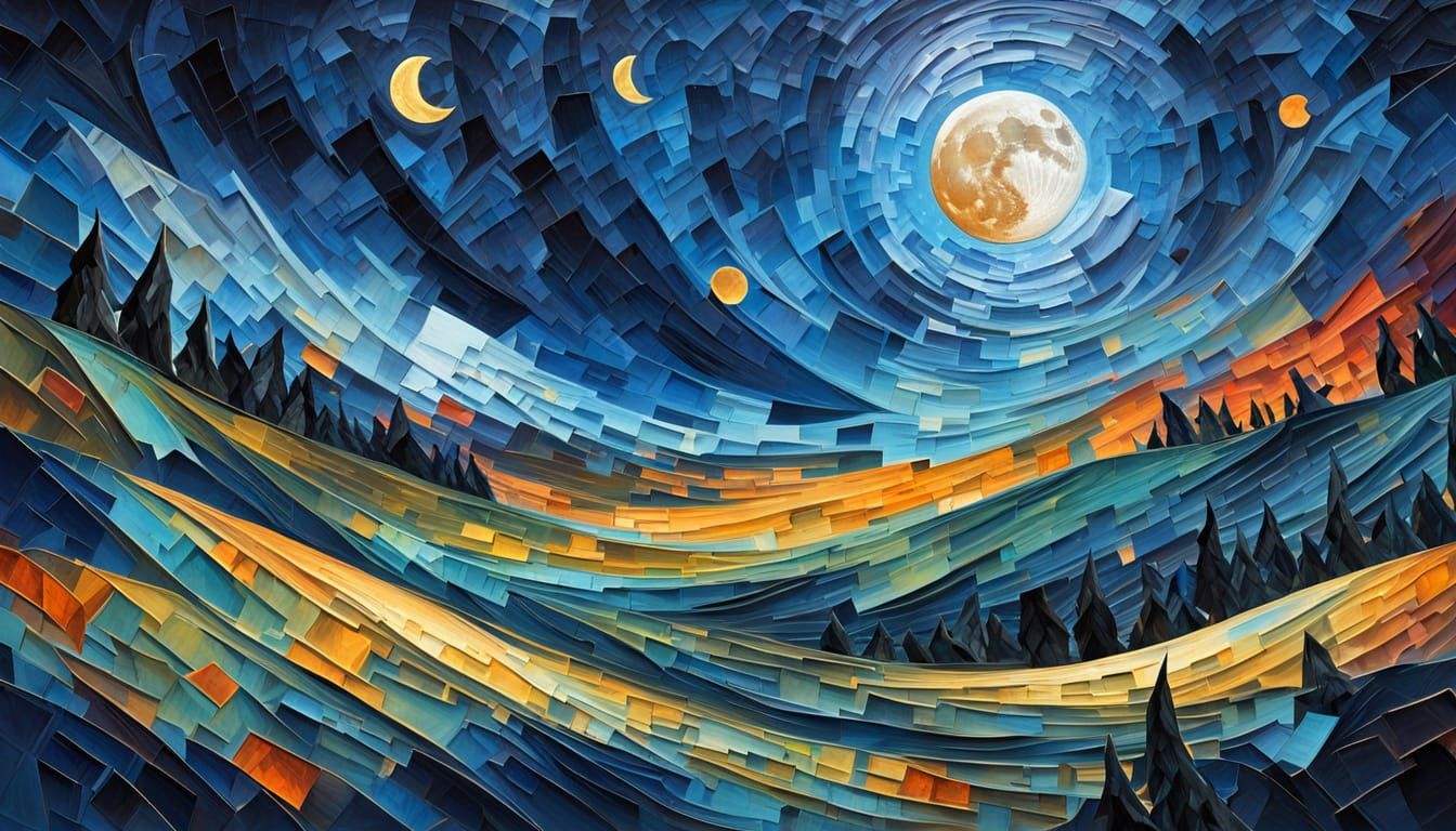 Cubist Impasto Moon's Nightly Journey