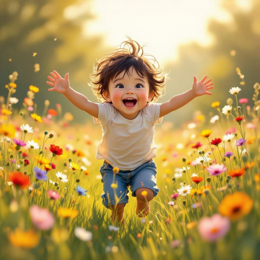 Joyful Child Jumping in Sunlit Meadow