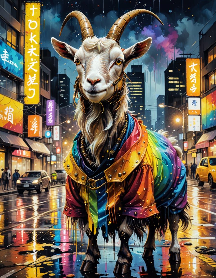 Steampunk Tokyo Goat in Rainbow Dress