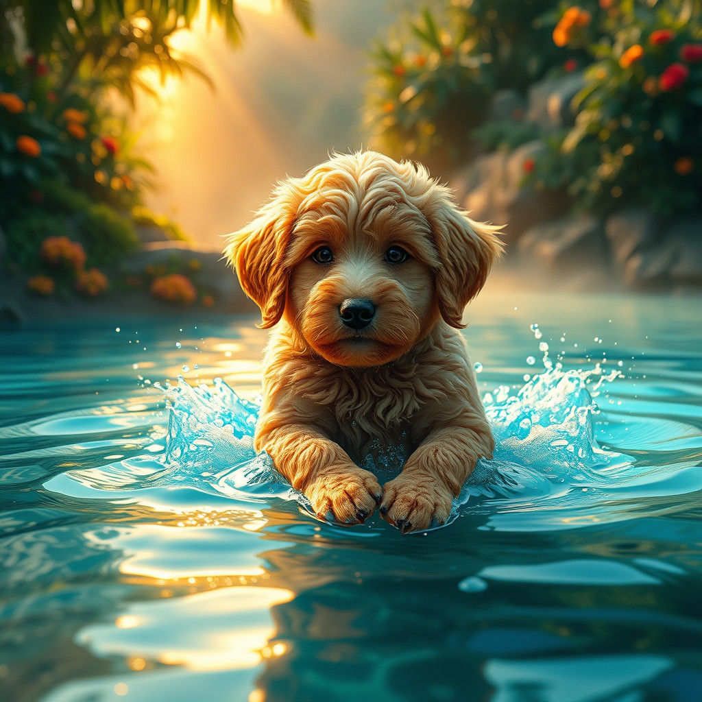 Golden Doodle Puppy Splashing at Dawn as Matte Painting