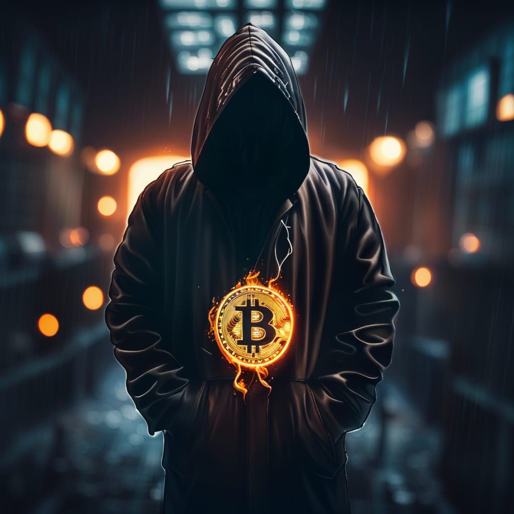 Hacker in Dark City with Bitcoin Logo