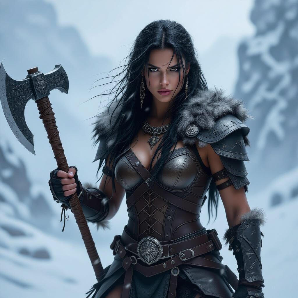Barbarian Woman in Blizzard with Axe