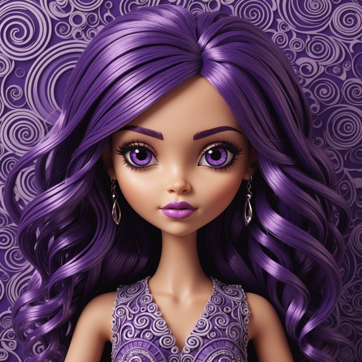 A Bratz doll with purple hair and purple eyes