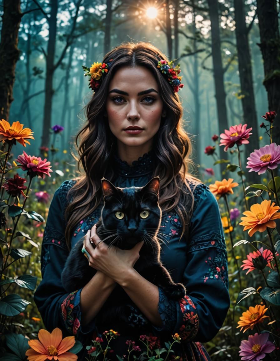 Woman with Cat in Surreal Horror Landscape