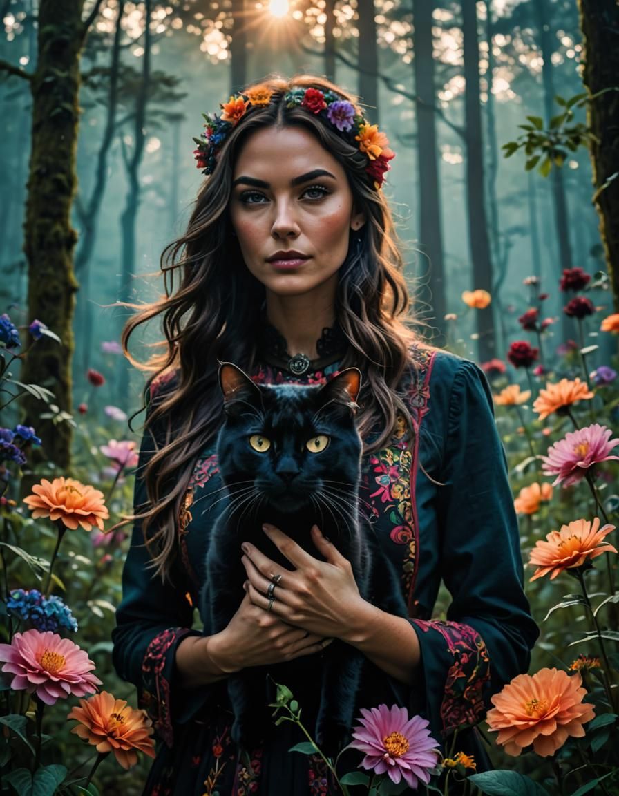 Woman with Cat in Surreal Forest Landscape