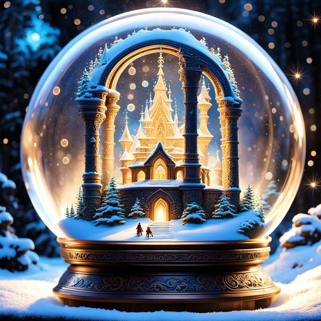 Magical Medieval Realm in Snow Globe, Hyperrealism