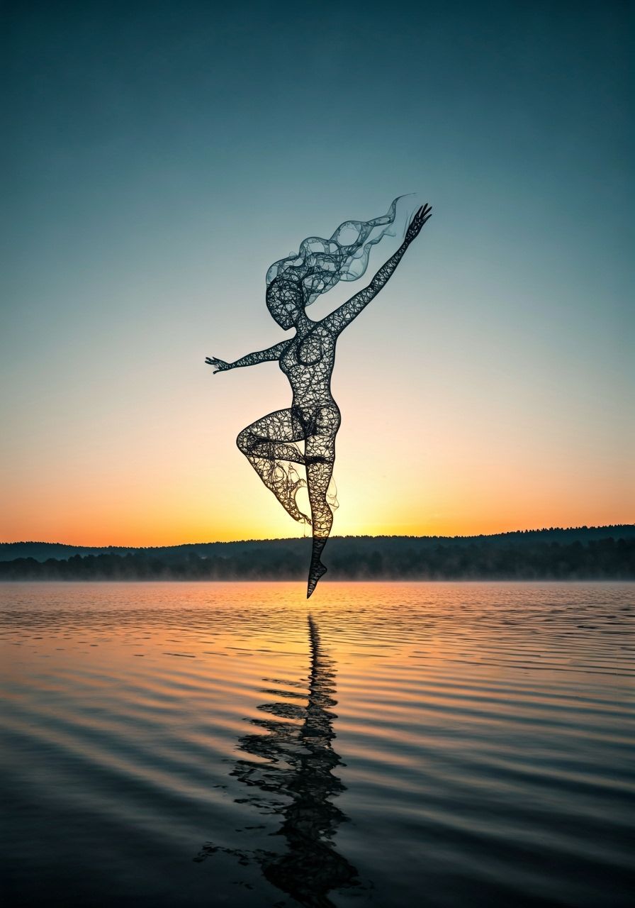 Ethereal Wire Sculpture of Mist Creature at Sunrise