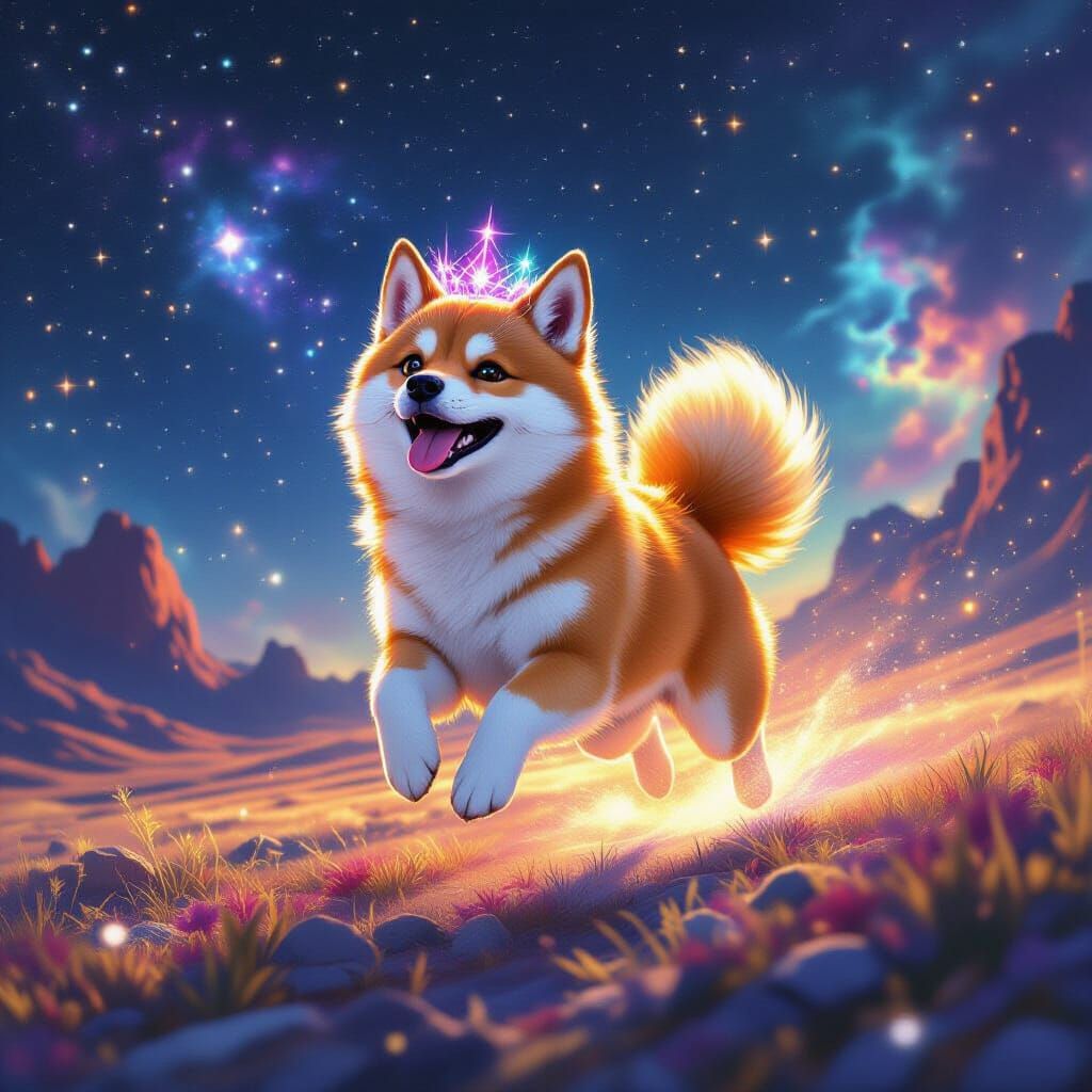 Celestial Shiba Inu Leaping Through Stardust Field