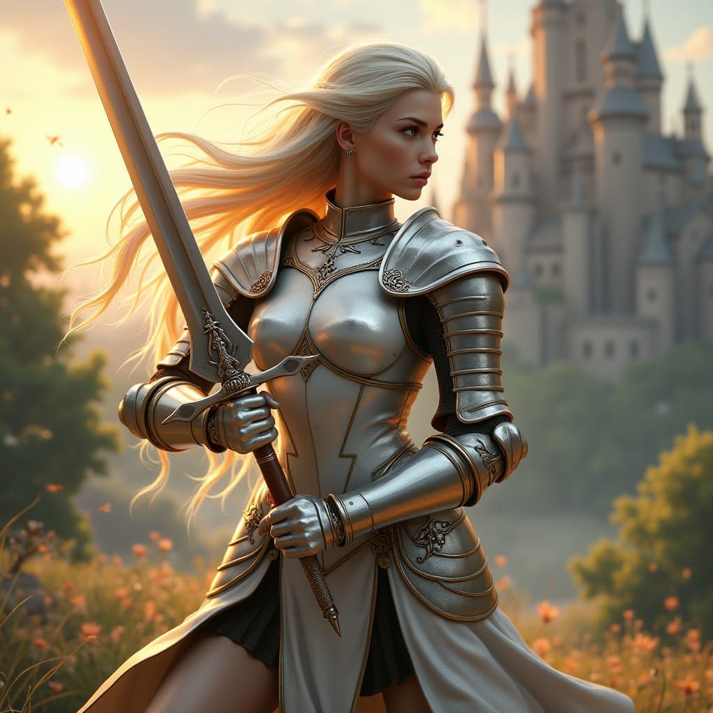 Elegant White Knight in Full Plate Armor, Fantasy Anime Styl...