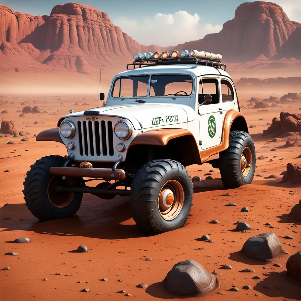 1957 Jeep Willy’s Motors FC Border Patrol Vw bug baja off road huge tires with fire white paint job on mars in rain