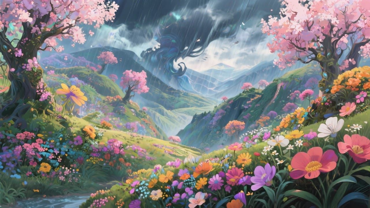 Surreal Spring Storm Valley in Warm Colors