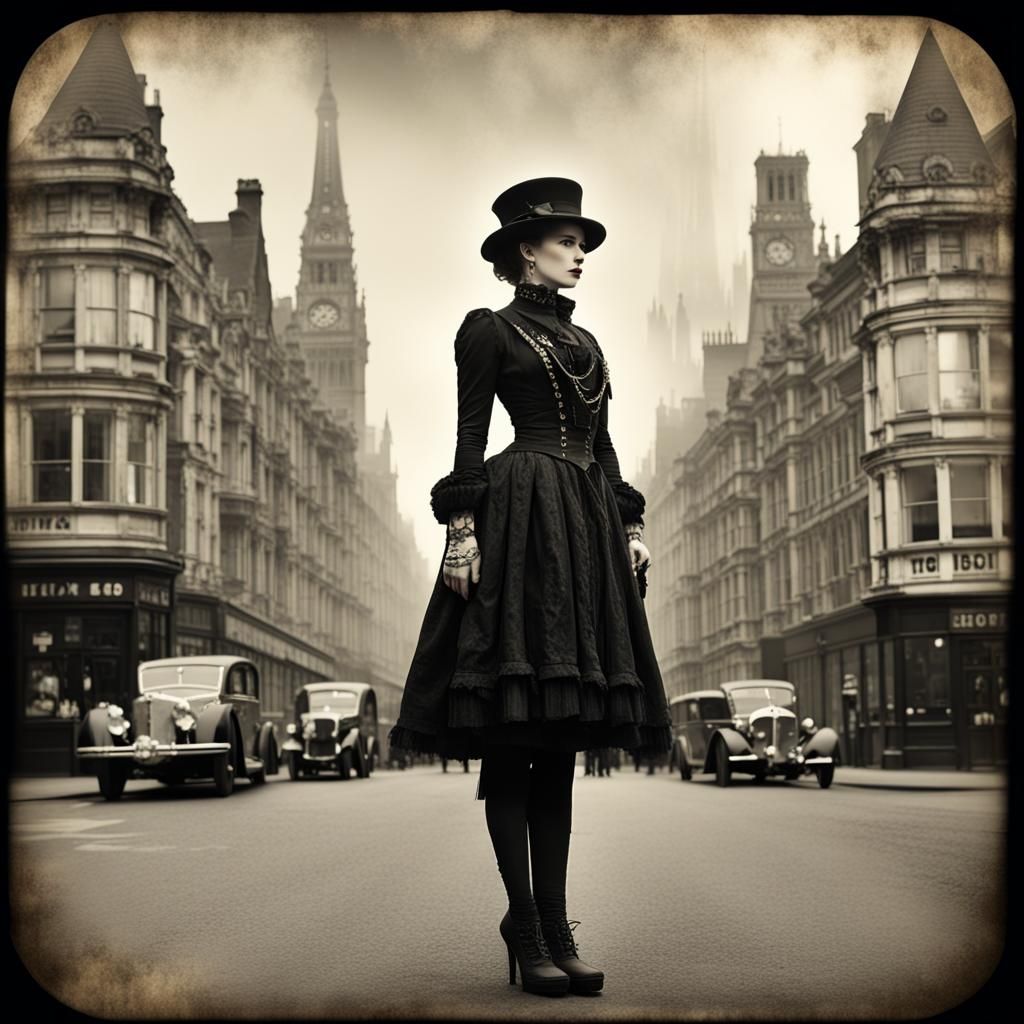Gothic Steampunk Woman in Futuristic London Double Exposure