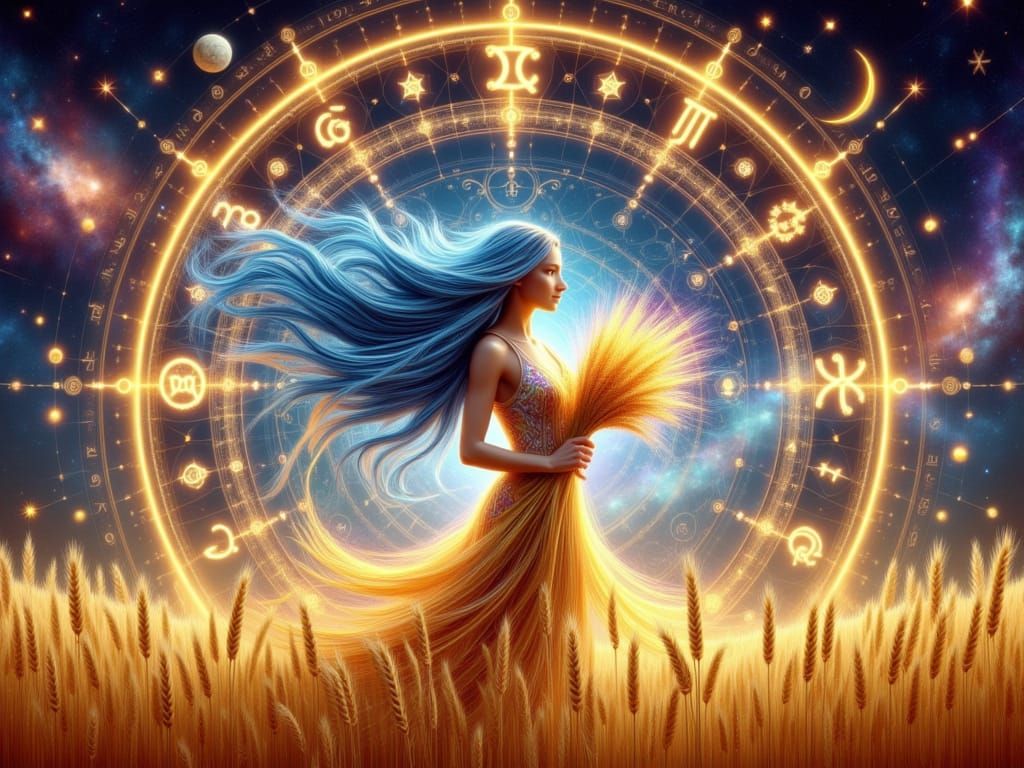 Virgo Goddess Harvests Golden Wheat