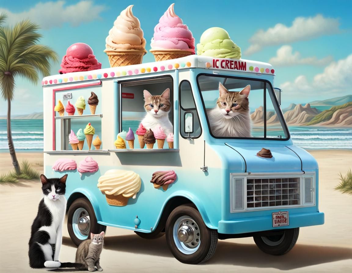 Anthropomorphic Cat Ice Cream Truck on Beach