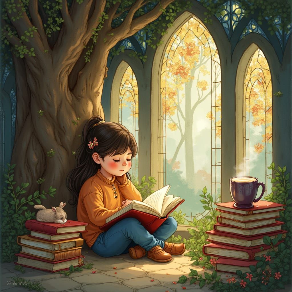 Cozy Reading Nook in Ancient Tree, Children's Book Illustrat...