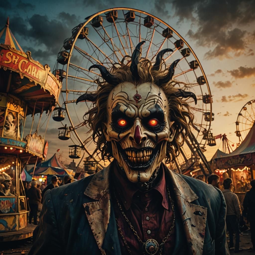 Demonic Creature in Haunted Carnival: Surreal Oil Painting
