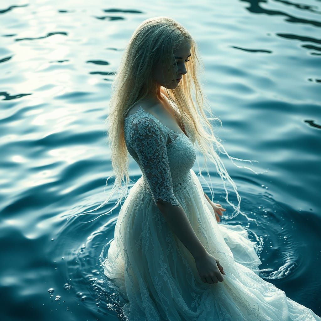 Crystalline Girl Emerges from Water in Ethereal Light