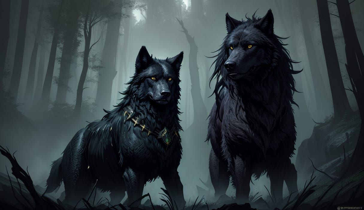 Majestic Black Wolf with Green Eyes in Dark Fantasy Style