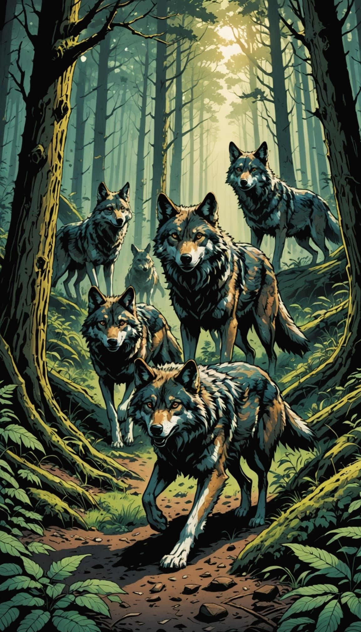 Wolves Chase Rabbits Through Forest in Comic Art Style