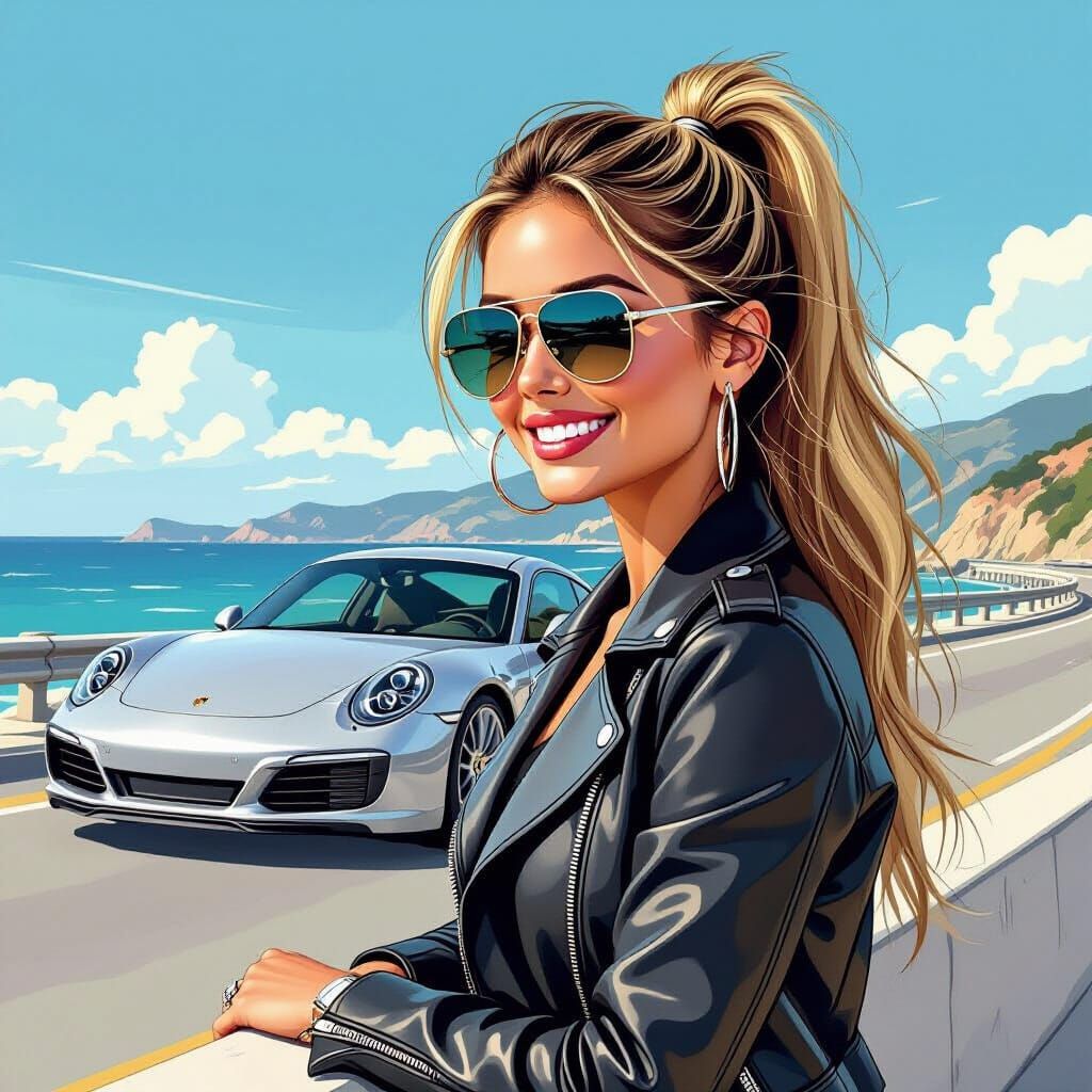 Woman with Silver Porsche in Comic Art Style