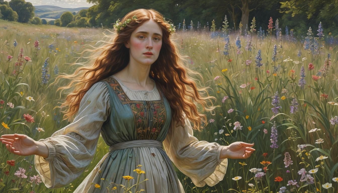 Pre-Raphaelite Woman in Sunlit Meadow Painting