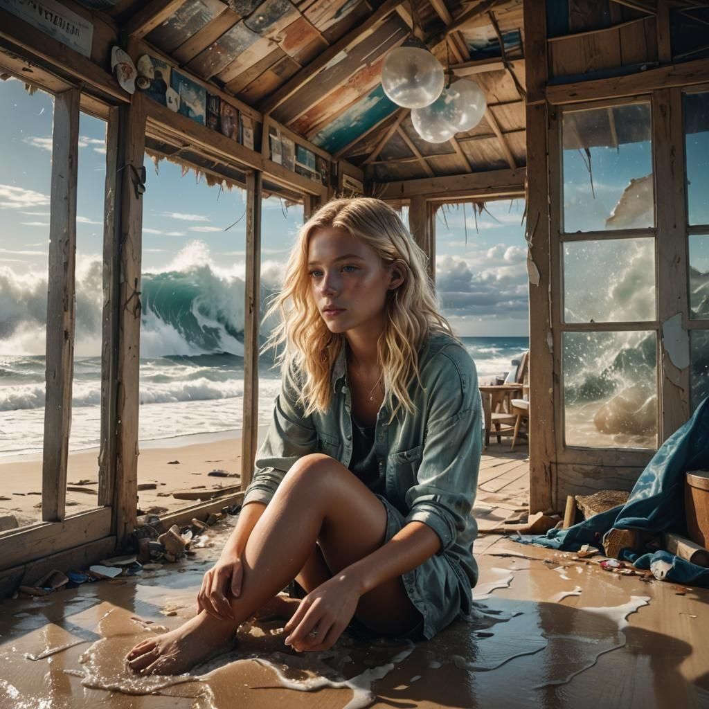 Girl in Beach Shack with Ocean Waves, Digital Painting