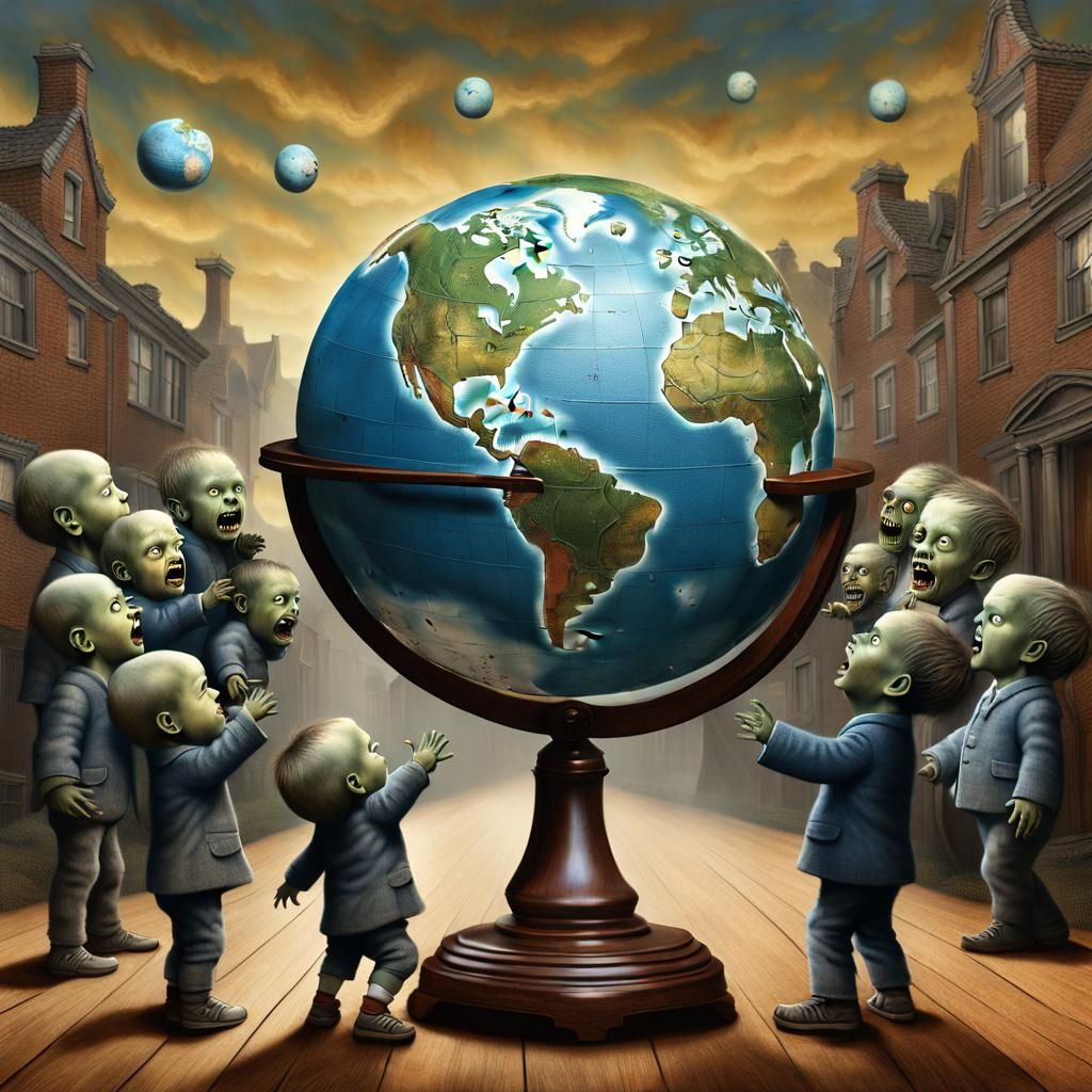 Happy Baby with Globe in Surreal Zombie Apocalypse