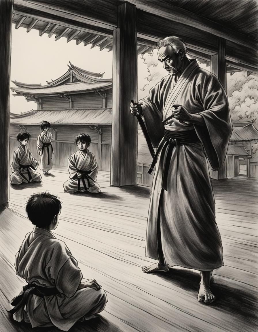 Grandmaster watches Japanese boys practicing karate in a sma...