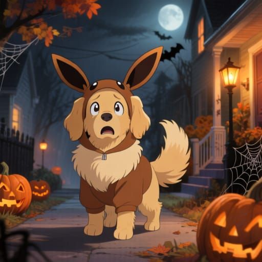 Scared Golden Retriever in Eevee Costume for Halloween