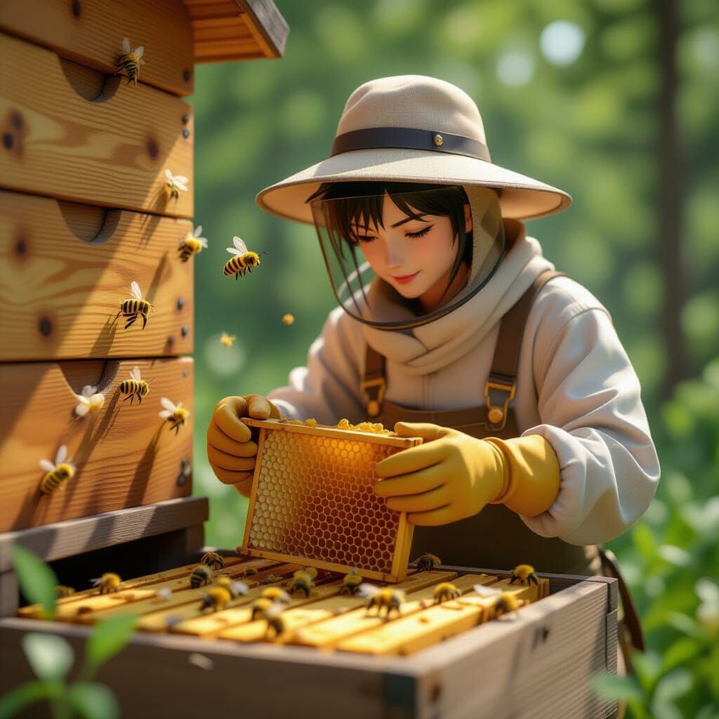 Beekeeper Extracts Honeycomb in Detailed 3D Anime Style