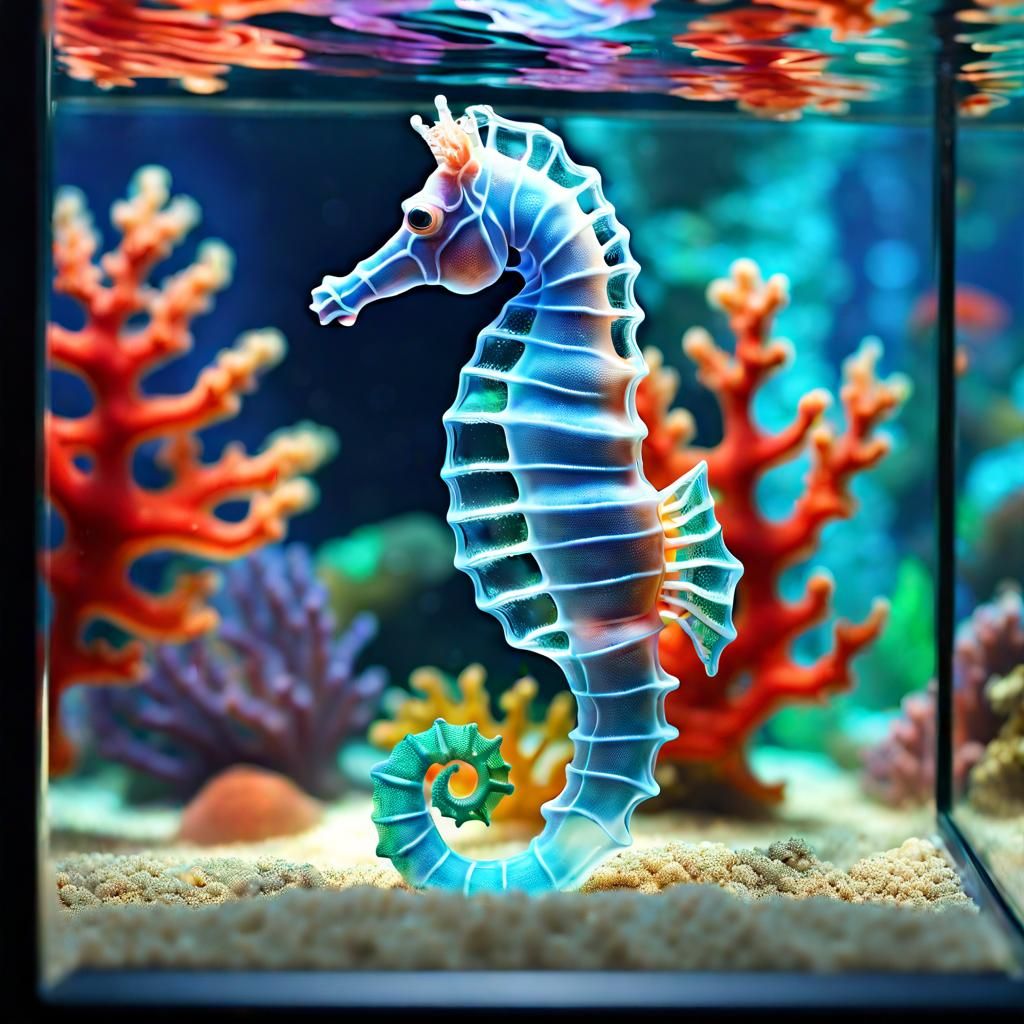 Translucent Seahorse in Colorful Coral Tank