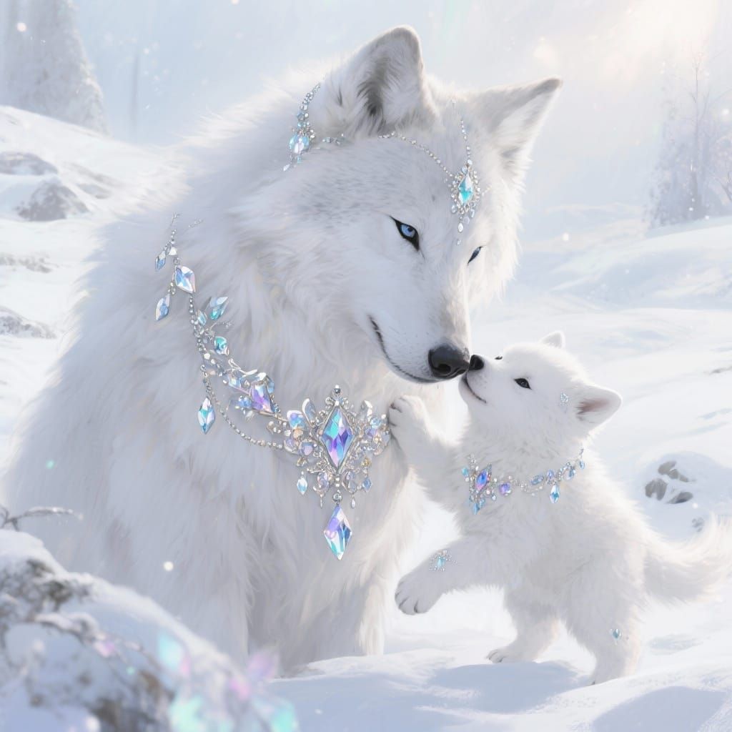 Majestic White Wolves Adorned With Crystal Jewelry in Ethere...