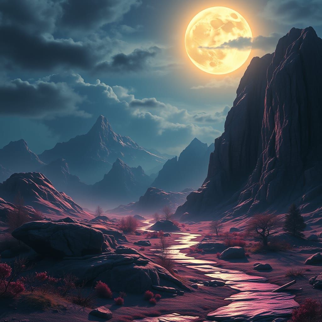 Dreamy Moonlit Realm in Vibrant, Ethereal Hues