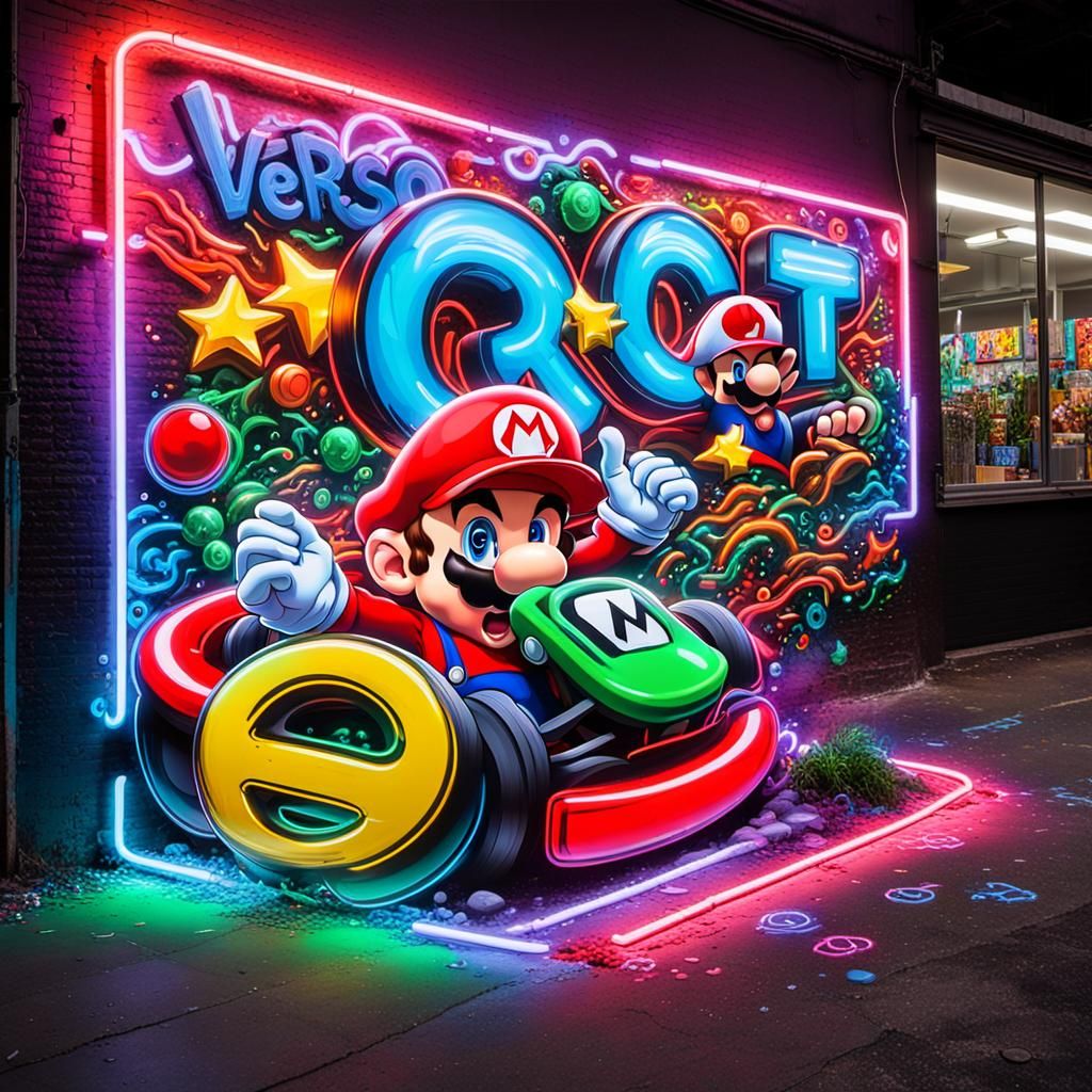 Neon Mario Kart with 'VERSO' Sign in Graffiti Art