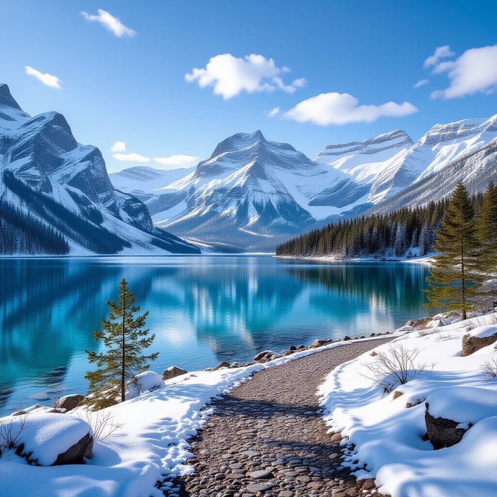Snowy Mountain Lake View with Pebble Path