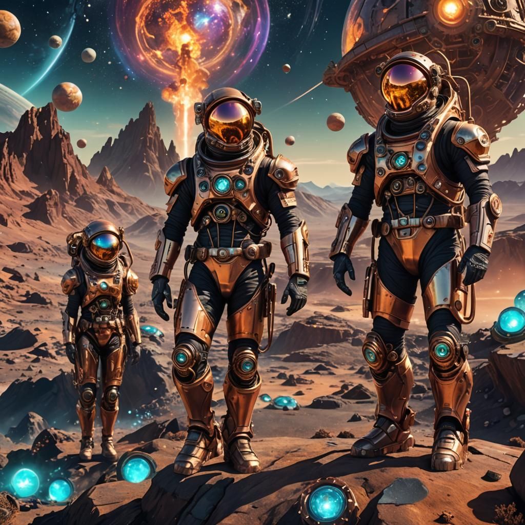 Steampunk Explorers on Alien Planet in Mixed Media