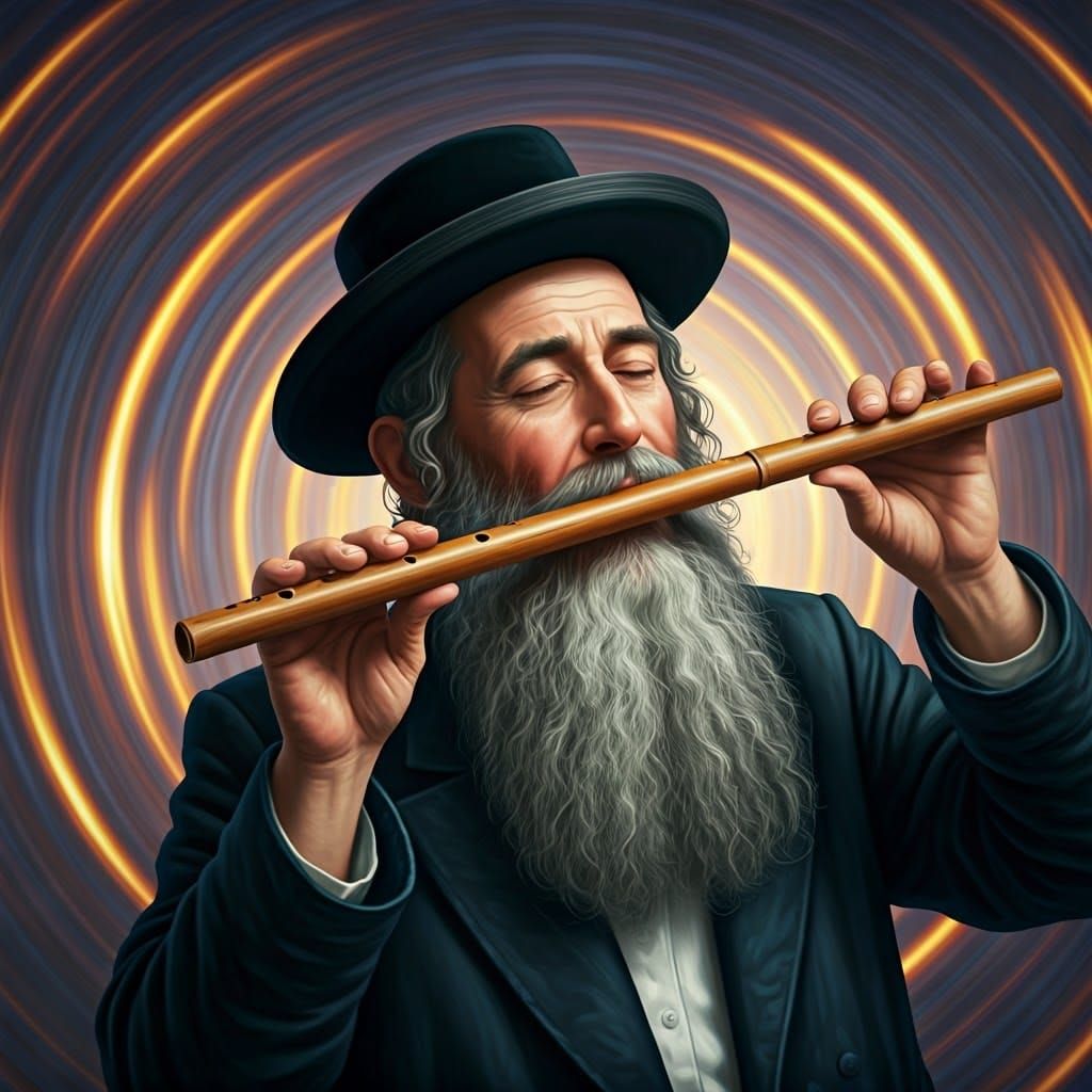 Lively Hasidic Man Plays Flute in Vibrant Whimsical Dreamlik...