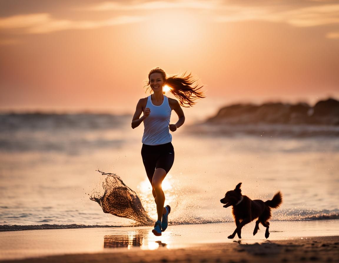 Woman Jogging on Beach at Sunset with Dog