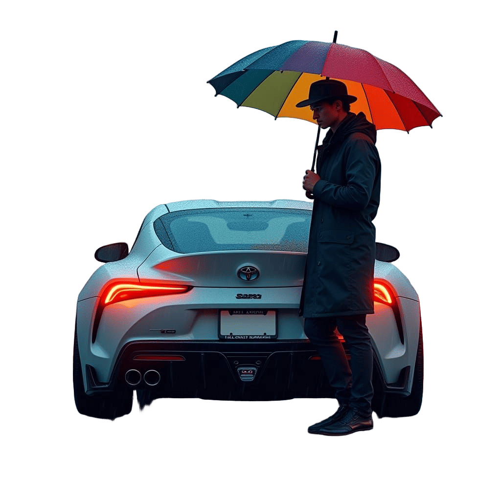 Man Leans Against Toyota Supra on Rainy Highway in Futuristi...