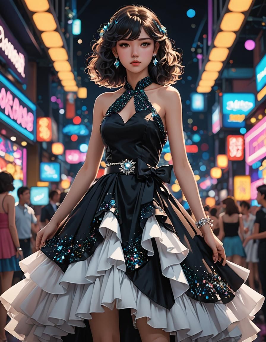 1980s Prom Dress with Arcade Bokeh, 3D Anime Art