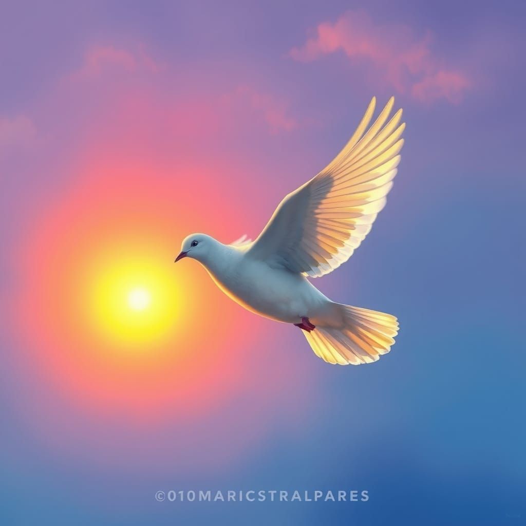 Surreal Dove Soars Through Dreamy Sunset Sky